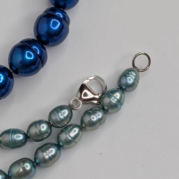 Honora Pearl Necklace Teal Navy Blue Aqua Ombre Freshwater Pearls Sterling 925 - Picture 5 of 8